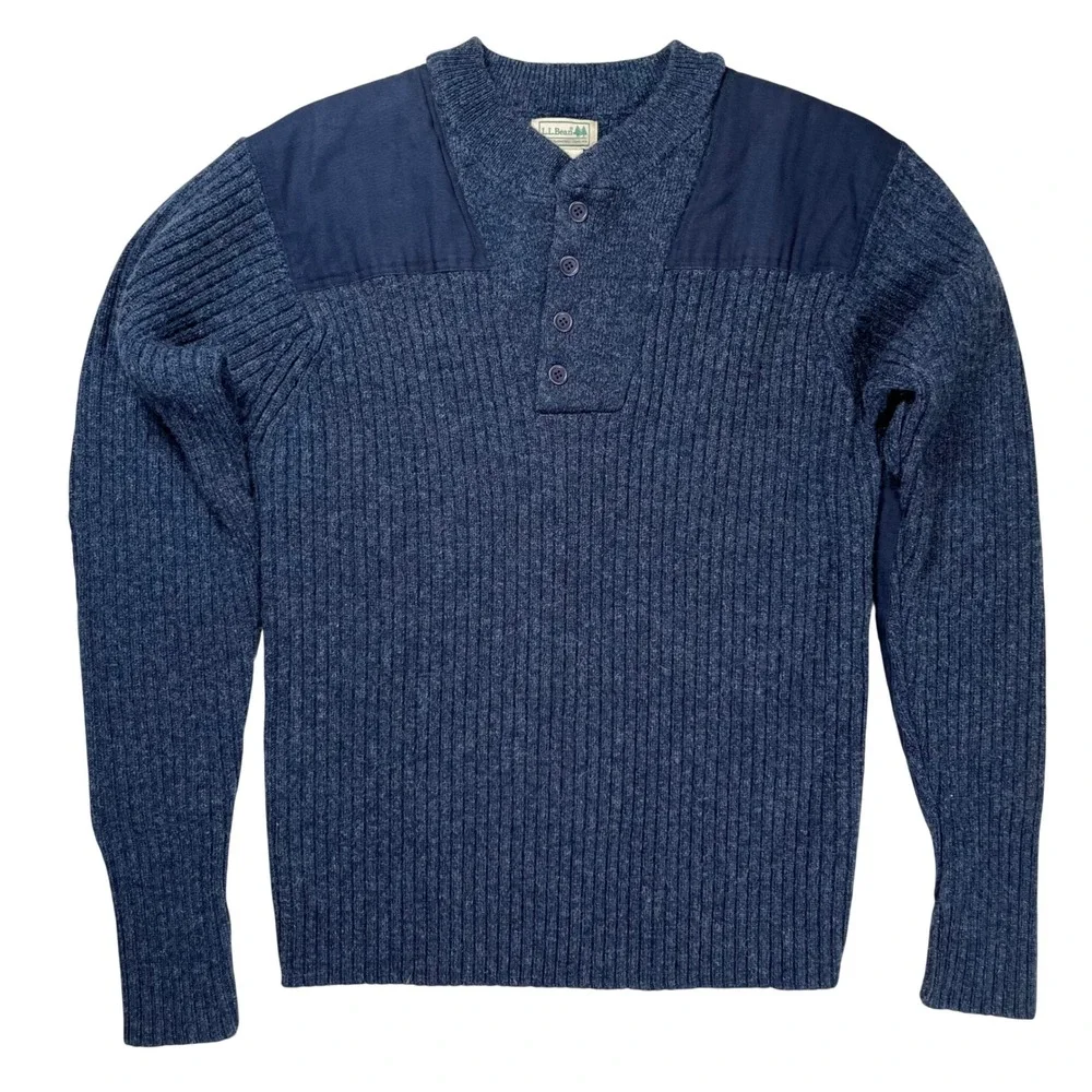 LL Bean Commando Henley Sweater Men Large Navy Merino Lambswool Ribbed Patches